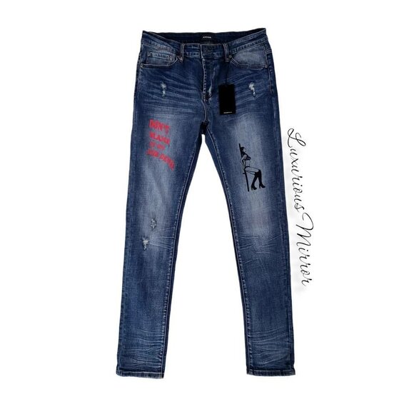 Bluecarats Tapered Jeans Blue Stretch Don't Blame It On The Devil Sz 34 Mens New - Picture 2 of 7